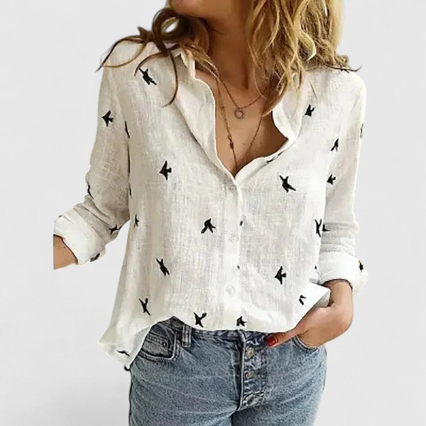 Women's relaxed linen button-down shirt with soft wavy lapel collar, effortlessly polished everyday style