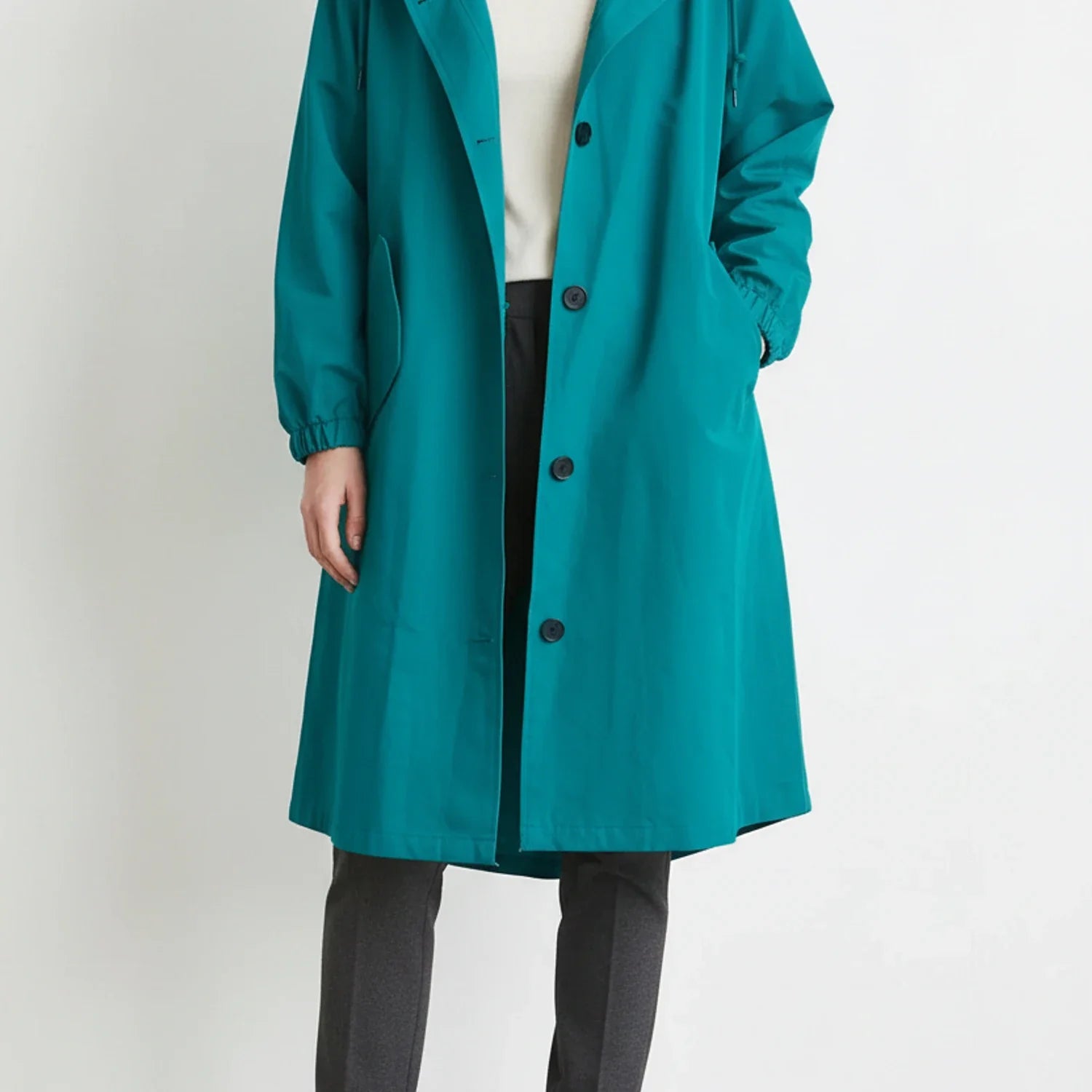Women's long hooded coat A-line silhouette with drawstring hood and side pockets