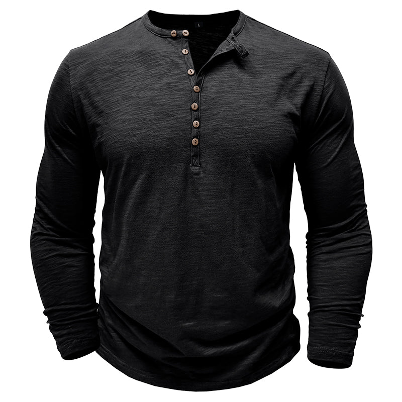 Justin men's dark gray long sleeve Henley shirt with wood-toned button placket, casual relaxed fit