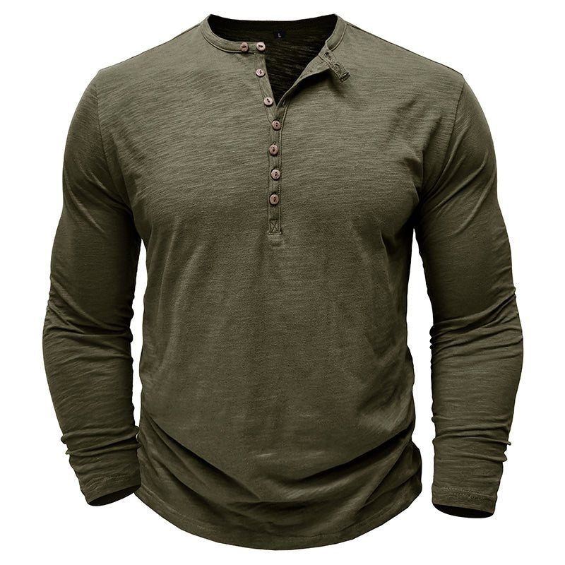 Justin men's dark gray long sleeve Henley shirt with wood-toned button placket casual fit
