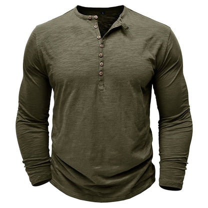Justin men's dark gray long sleeve Henley shirt with wood-toned button placket casual fit
