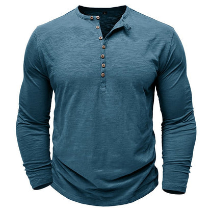 Justin men's dark gray long sleeve Henley shirt with wood-toned button placket, casual relaxed fit