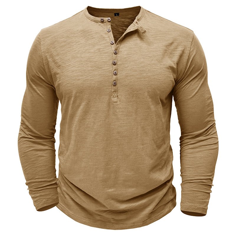 Justin men's dark gray long sleeve Henley shirt with wood-toned button placket casual fit