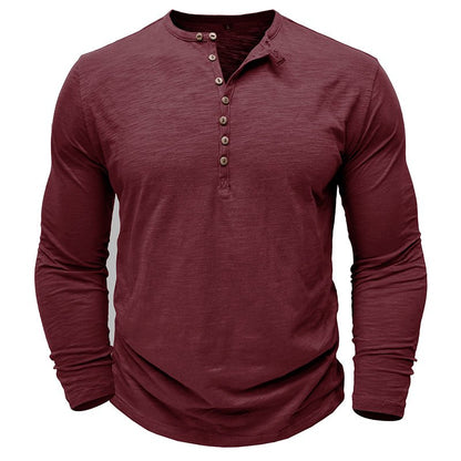 Justin men's dark gray long sleeve Henley shirt with wood-toned button placket casual fit