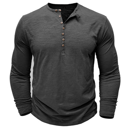 Justin men's dark gray long sleeve Henley shirt with wood-toned button placket, casual relaxed fit