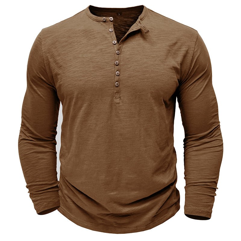 Justin men's dark gray long sleeve Henley shirt with wood-toned button placket casual fit