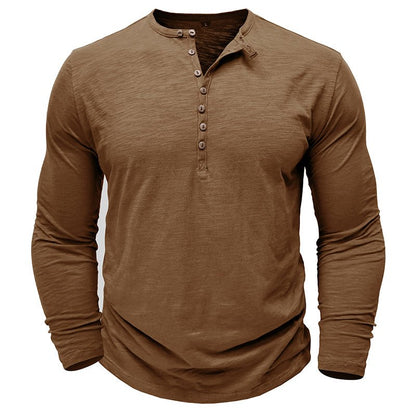 Justin men's dark gray long sleeve Henley shirt with wood-toned button placket casual fit