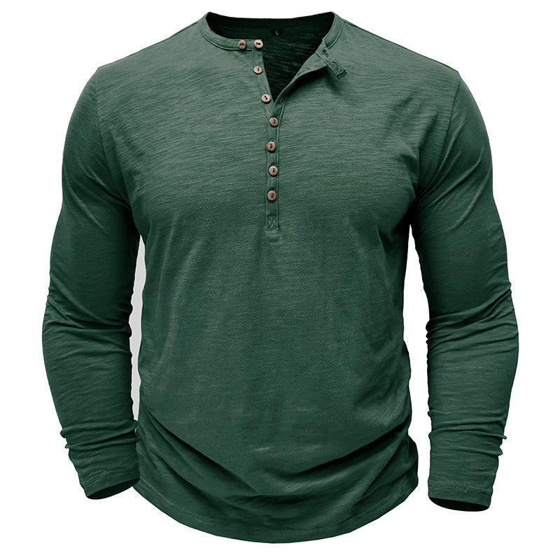 Justin men's dark gray long sleeve Henley shirt with wood-toned button placket casual fit
