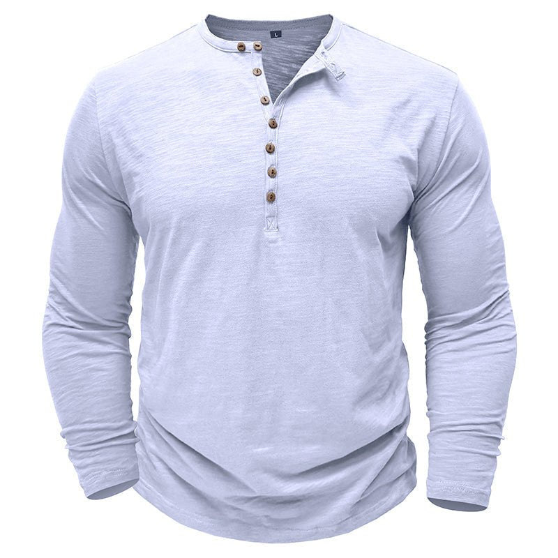 Justin men's dark gray long sleeve Henley shirt with wood-toned button placket, casual relaxed fit