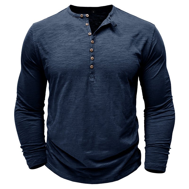Justin men's dark gray long sleeve Henley shirt with wood-toned button placket casual fit