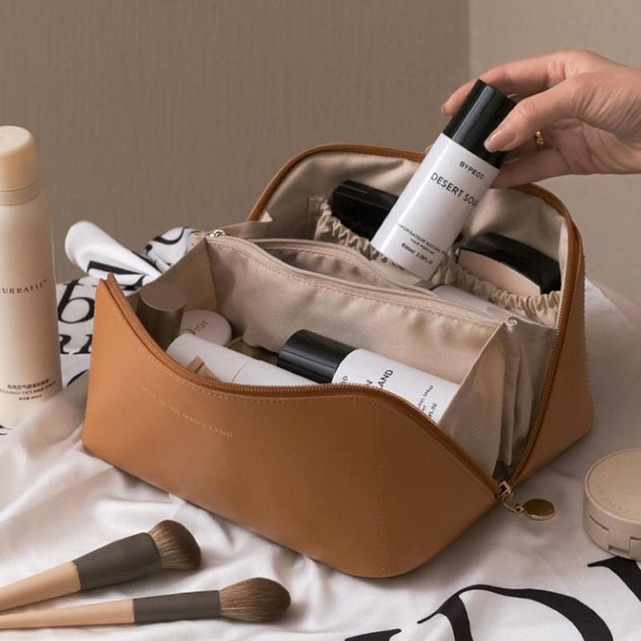 Wavlynn Ellie compact travel makeup organizer bag with wide opening and interior dividers