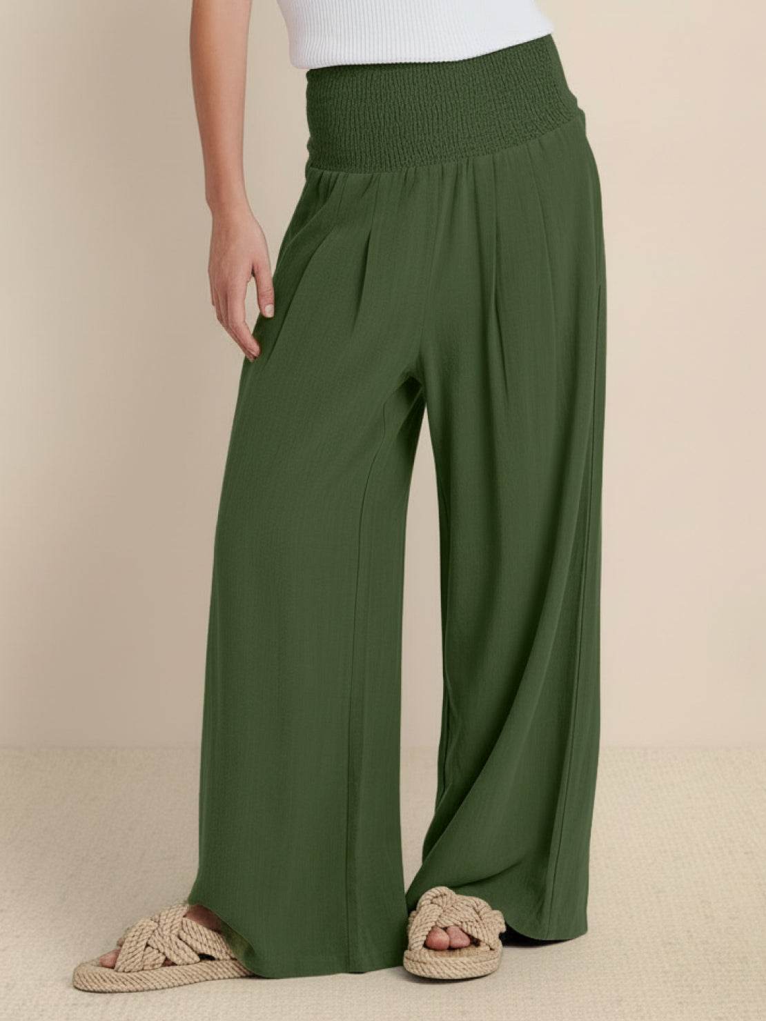 Women's sand linen wide-leg pants high waist smocked waistband front pleats full-length relaxed fit