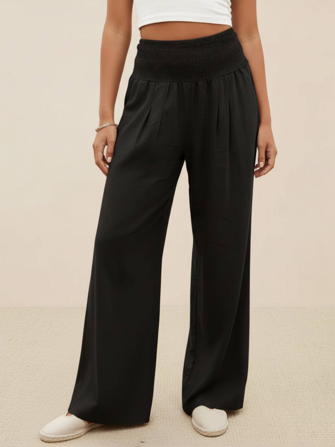 Women's sand high waist wide leg linen pants with smocked waistband and front pleats