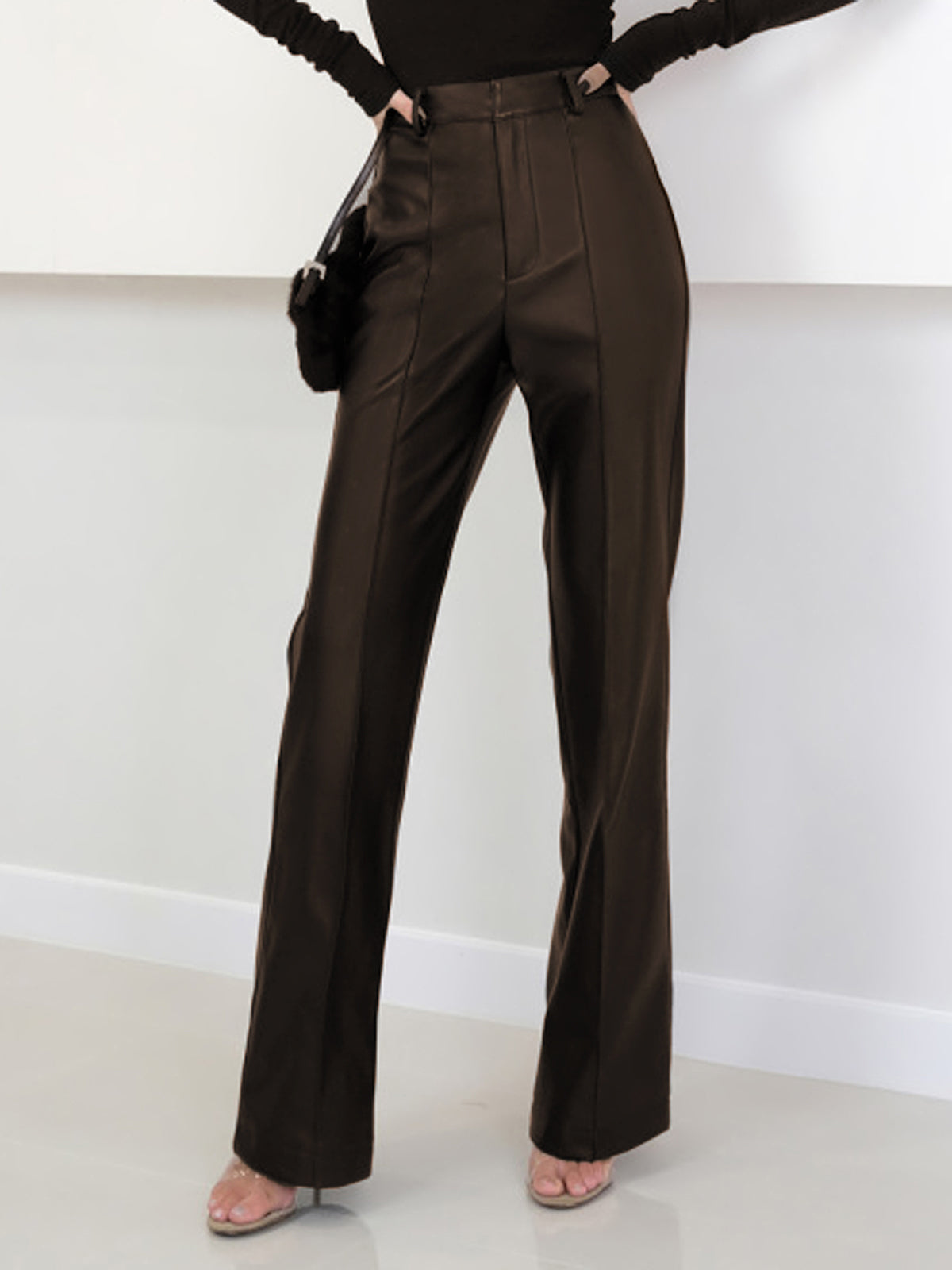 Black high waist faux leather long pants with split hem, regular fit casual style