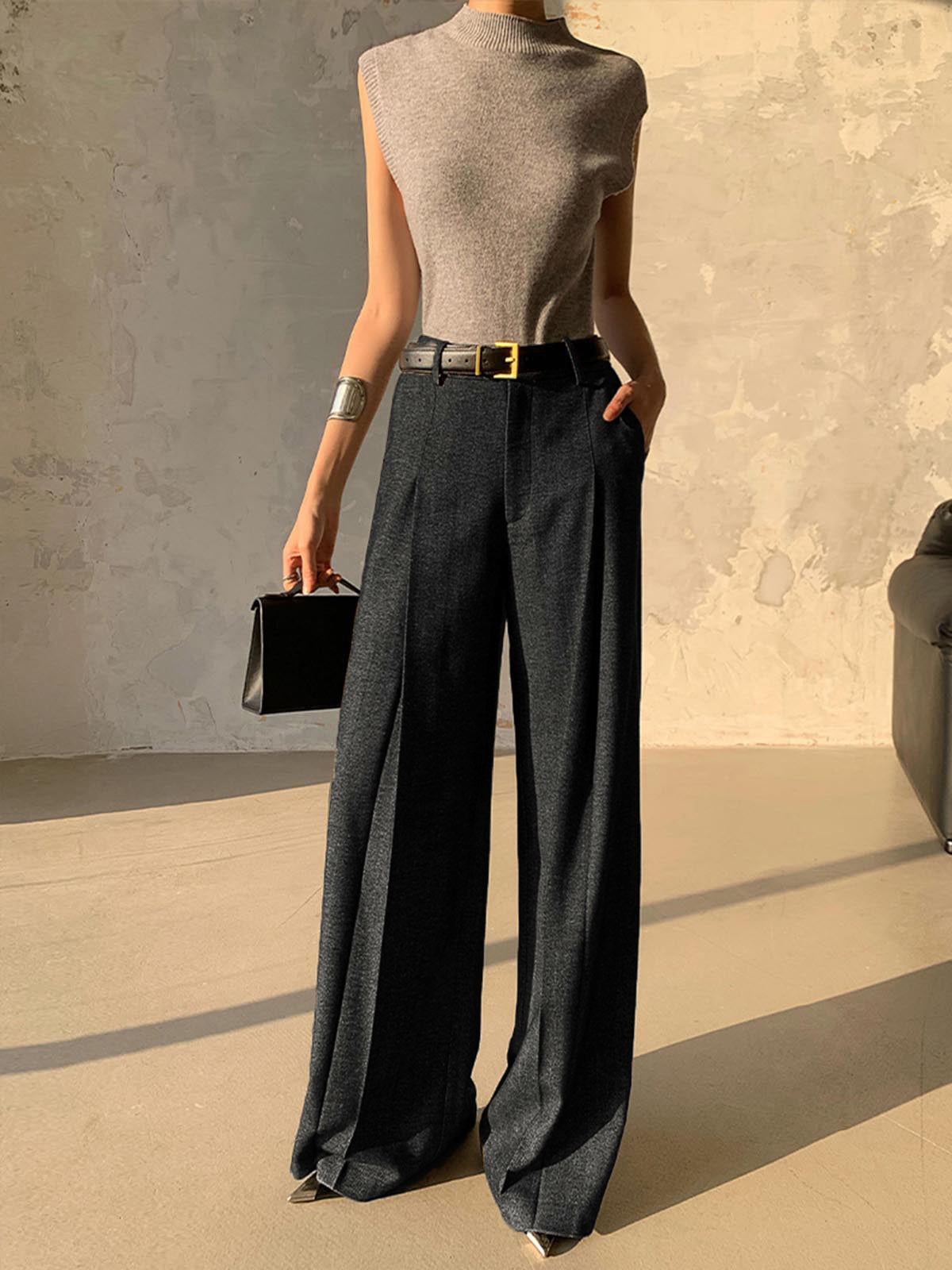High waist pleated long pants in casual solid color, regular fit, woven fabric, no belt