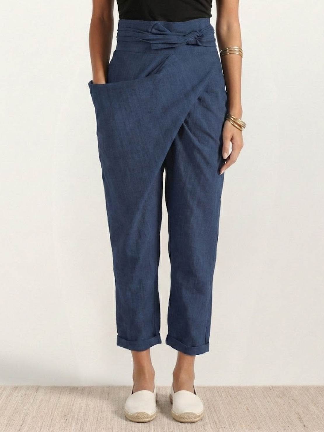 Charcoal grey high waist wrap front cropped tapered pants with bow-tied waist detail