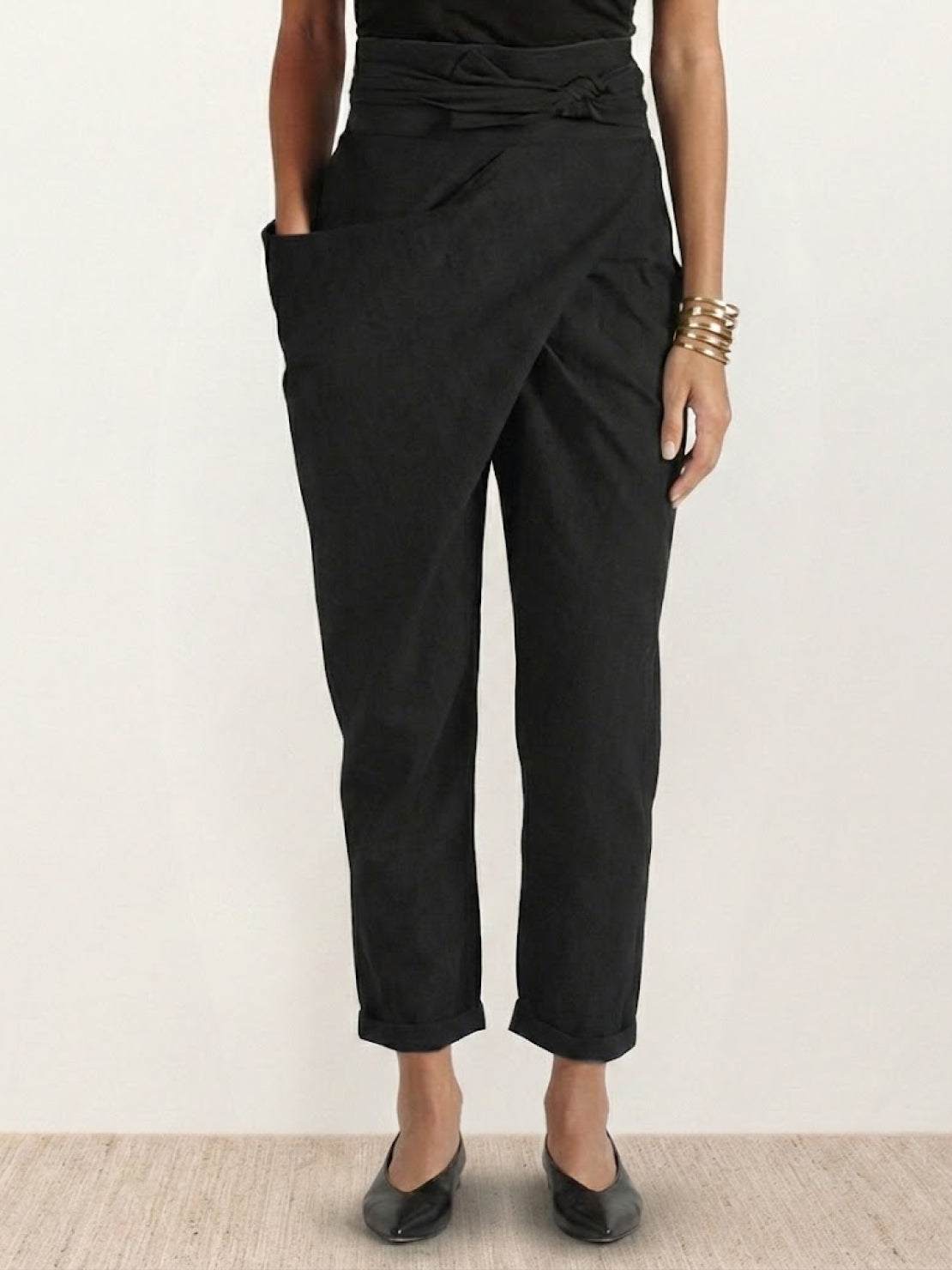 Charcoal grey high waist wrap front cropped tapered pants with bow-tied waist detail