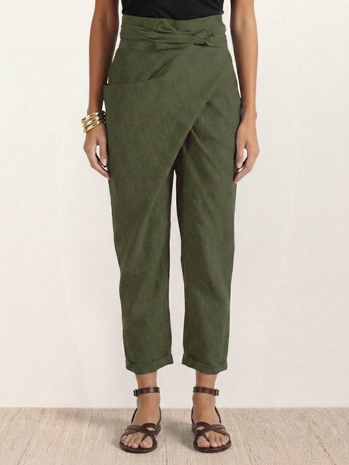 Charcoal grey high waist wrap front cropped tapered pants with bow-tied waist detail