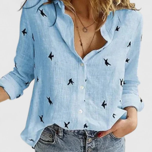 Women's relaxed linen button-down shirt with soft wavy lapel collar, effortlessly polished everyday style