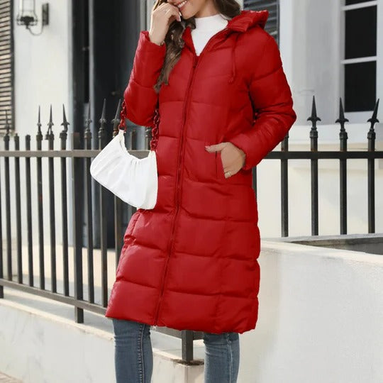 Women's black hooded long puffer coat ultra-warm full-length down jacket for cold weather