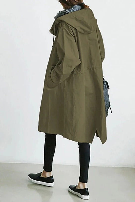 Beige hooded trench coat with sleek modern cut and integrated hood for all-weather protection
