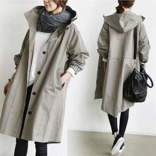 Beige hooded trench coat with sleek modern cut and integrated hood for all-weather protection