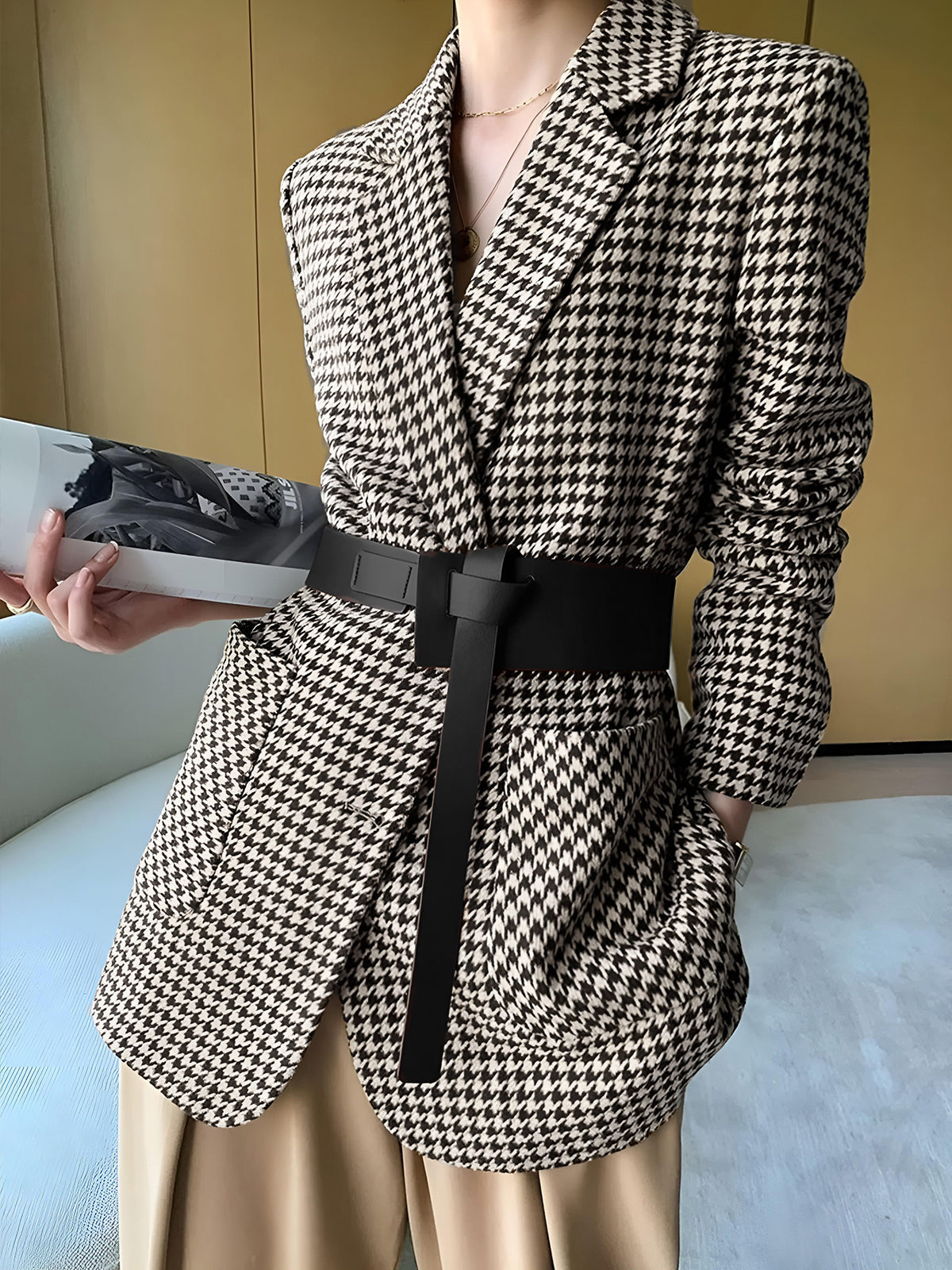 Women's black white houndstooth tailored blazer with front split and waist belt