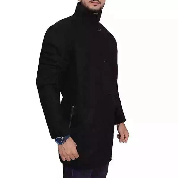 Men's black wool overcoat with high stand collar, tailored slim fit, premium viscose-lined winter coat