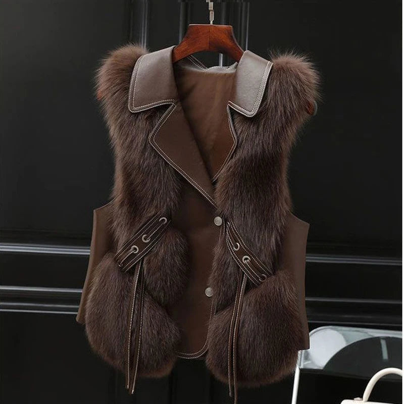 Black faux fur trim leather-style vest with structured lapels and adjustable cinched waist ties