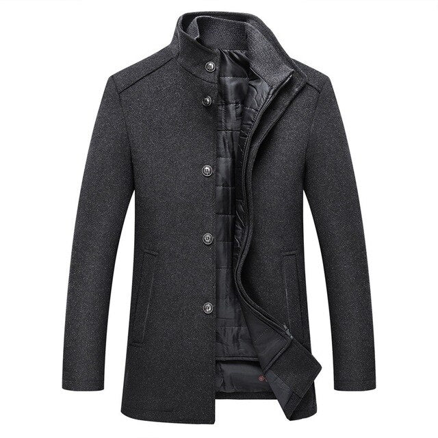 Men's dark winter jacket stand collar button-up slim fit warm premium outerwear by Wavlynn