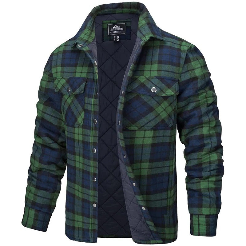 Men's blue plaid flannel jacket rugged button-up style with two chest pockets for casual outdoor wear
