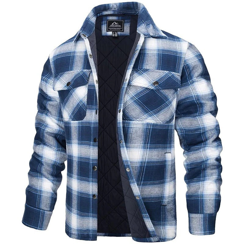 Men's blue plaid flannel jacket with rugged cut, front button closure, and two chest pockets