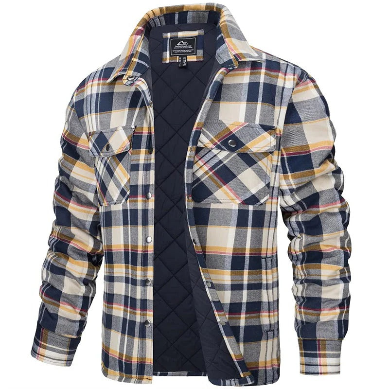 Men's blue plaid flannel jacket with rugged button-up cut and two functional chest pockets