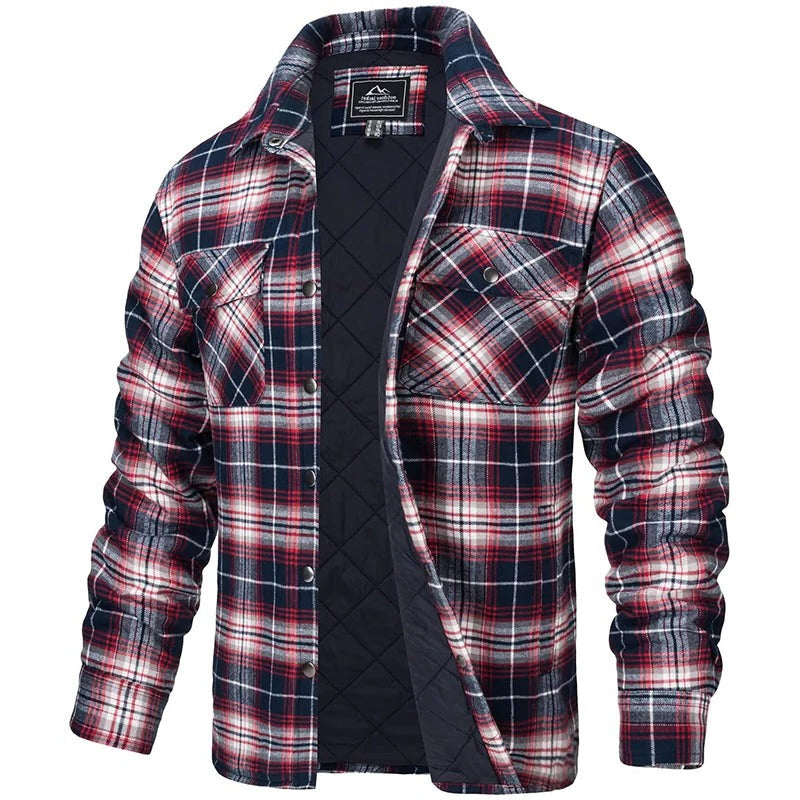 Men's blue plaid flannel jacket rugged button-up with two chest pockets for casual warmth