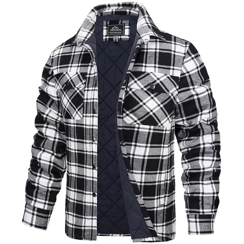 Men's blue plaid flannel jacket rugged button-up style with two chest pockets for casual warmth