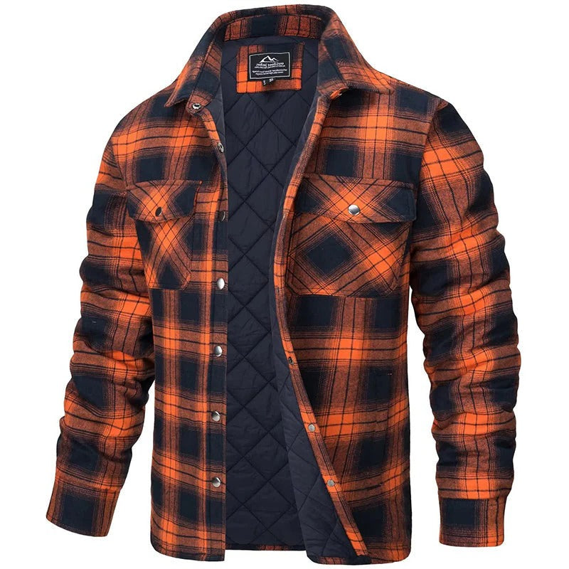 Men's blue plaid flannel jacket button-up with two chest pockets, rugged structured fit
