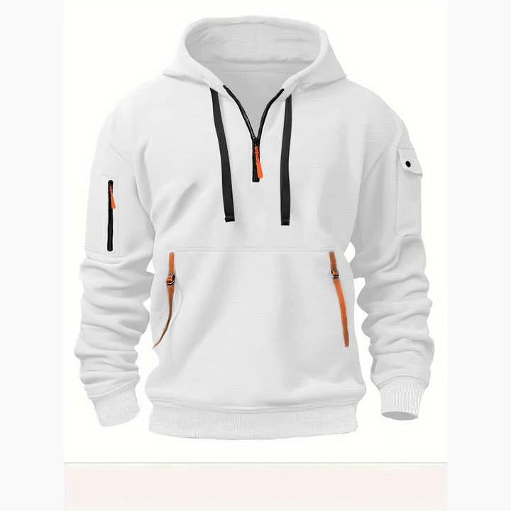 Heather gray half-zip hoodie with classic fit, long sleeves, and partial front zipper for adjustable comfort