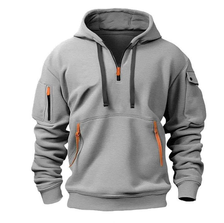 Heather gray half-zip hoodie classic fit long sleeves straight hem adjustable front zipper