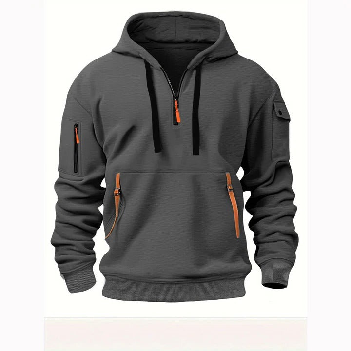 Heather gray half-zip hoodie with classic fit, long sleeves, and adjustable front zipper for everyday wear