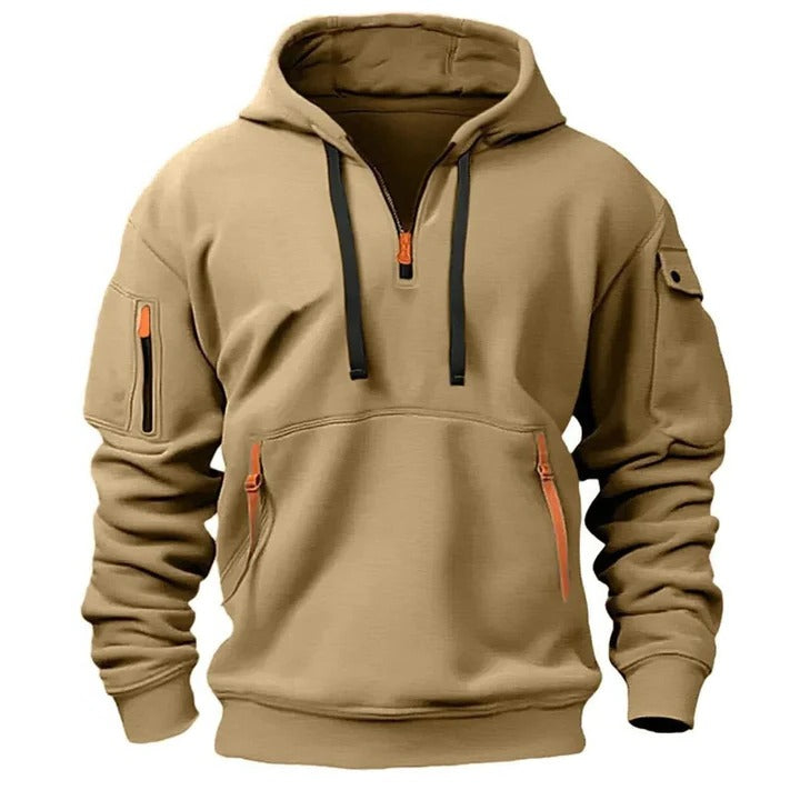 Heather gray half-zip hoodie classic fit long sleeves straight hem adjustable front zipper