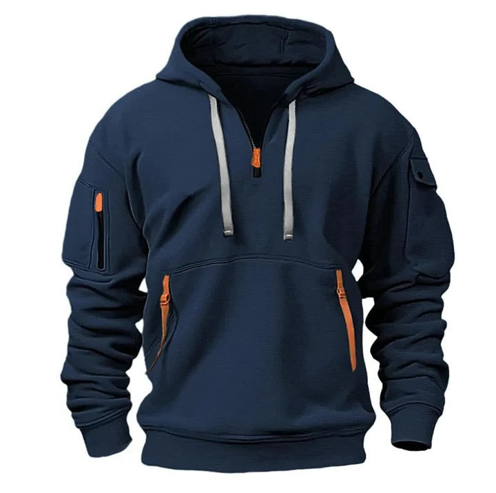 Heather gray half-zip hoodie with long sleeves, classic fit, and partial front zipper for adjustable comfort