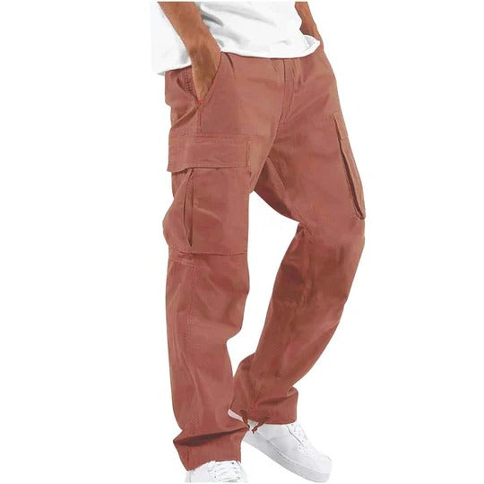 Men's olive straight-fit cargo pants with multiple utility pockets for work and everyday wear