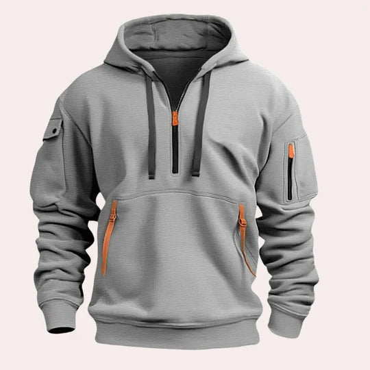 Men's gray pullover hoodie standard fit with adjustable drawstring hood and front kangaroo pocket