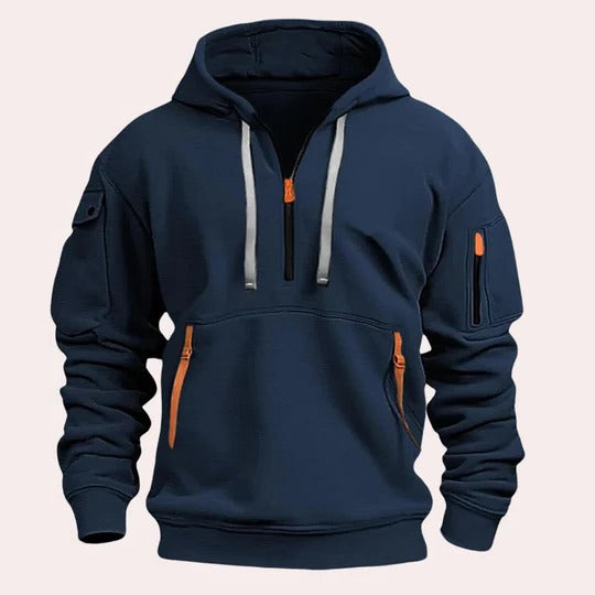 Men's gray pullover hoodie standard fit with adjustable drawstring hood and front kangaroo pocket