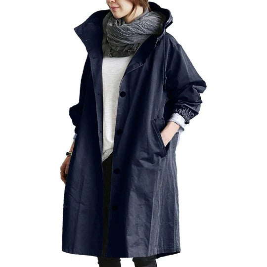 Women's long waterproof raincoat straight silhouette with adjustable drawcord hood full coverage