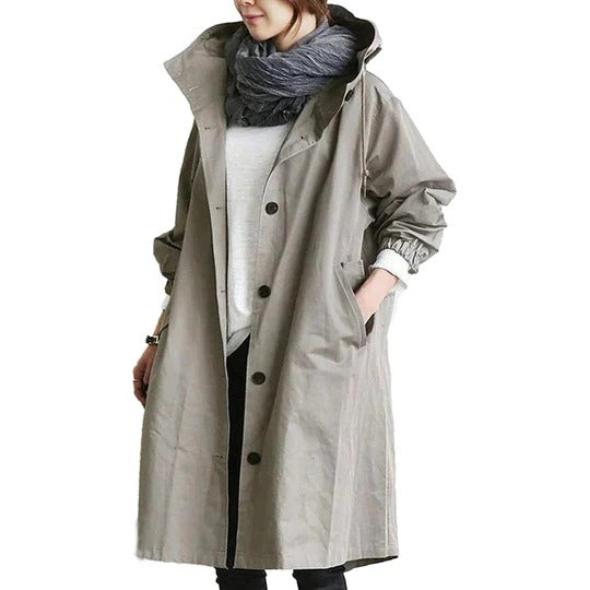 Women's long water-resistant raincoat straight silhouette with adjustable drawcord hood full coverage