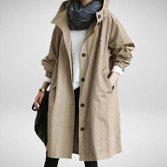 Women's long waterproof raincoat straight silhouette with adjustable drawcord hood full coverage