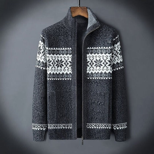 Men's navy blue full-length insulated winter coat with snowflake pattern and adjustable hood
