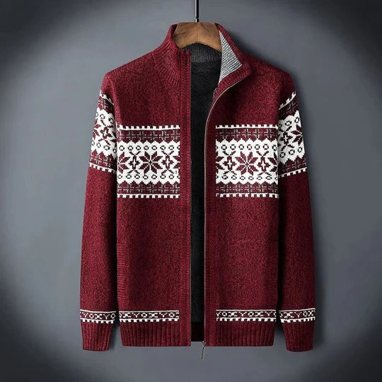 Men's navy insulated full-length winter coat with snowflake pattern and adjustable hood