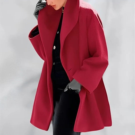 Warm winter wrap coat with belt, A-line silhouette, slanted pockets, and full lining for cold weather